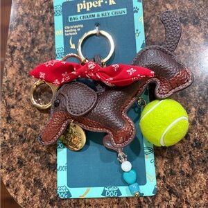 Piper K Brown Dog Keychain with Red Bandana and Yellow Ball